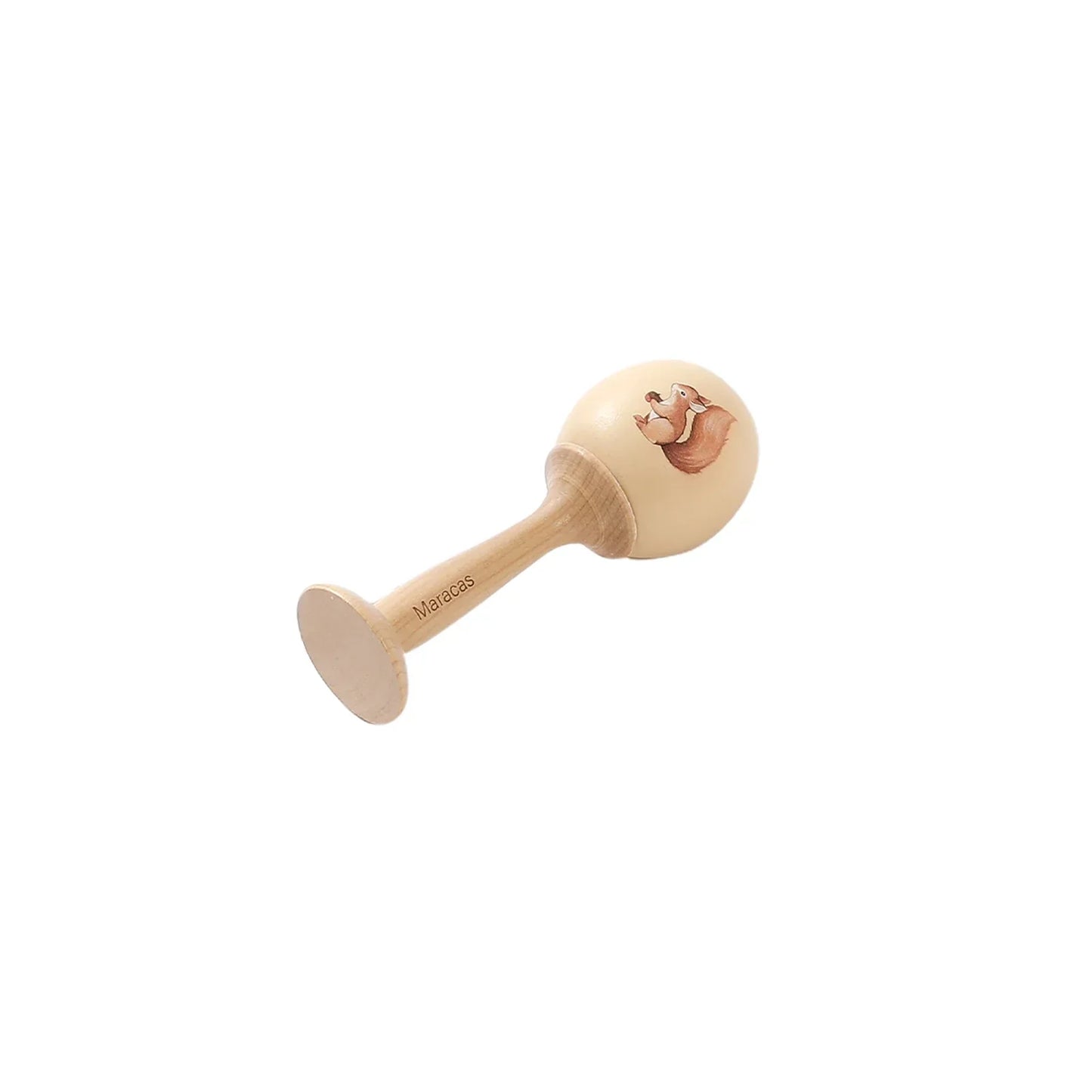 A light-colored wooden maraca with a painted squirrel design for montessori music baby and educational wooden instruments