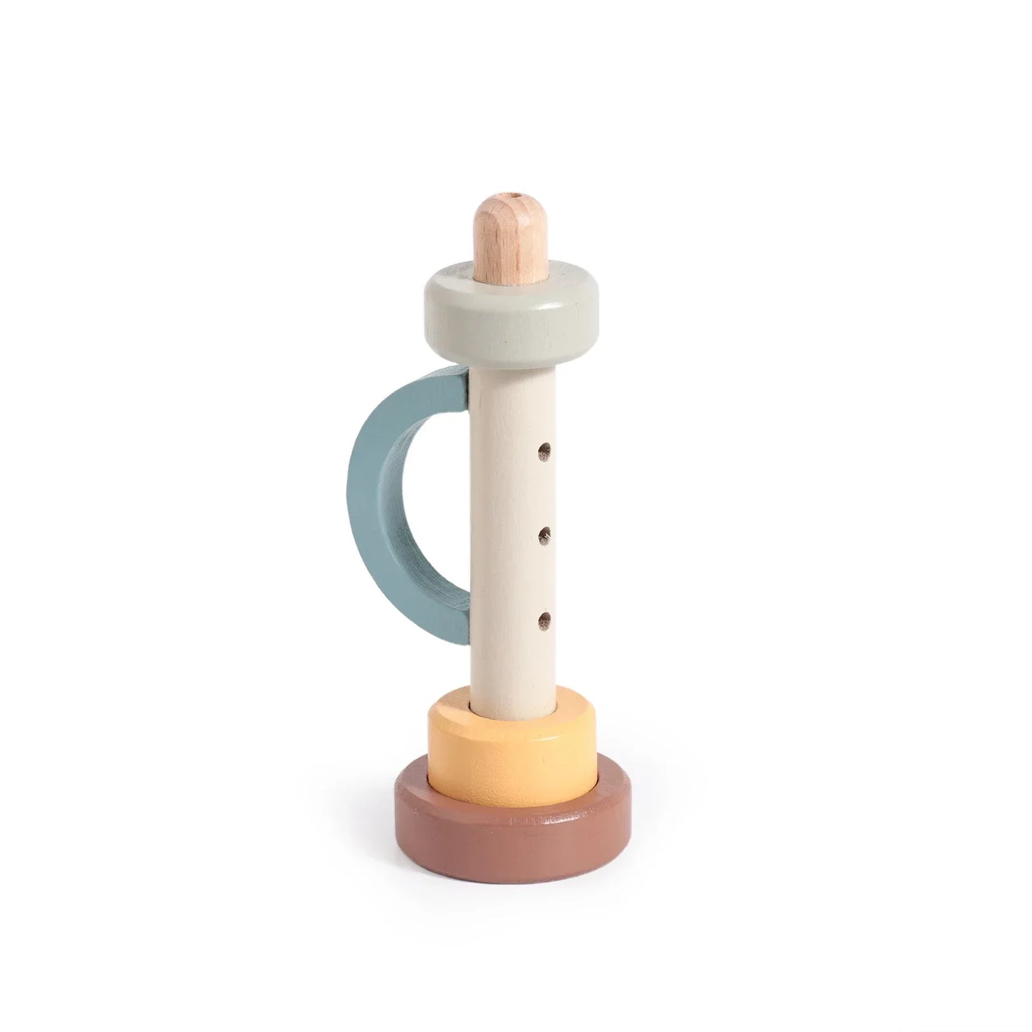 Pastel-colored wooden toy resembling a syringe with cream body and blue handle for montessori music baby educational wooden instruments