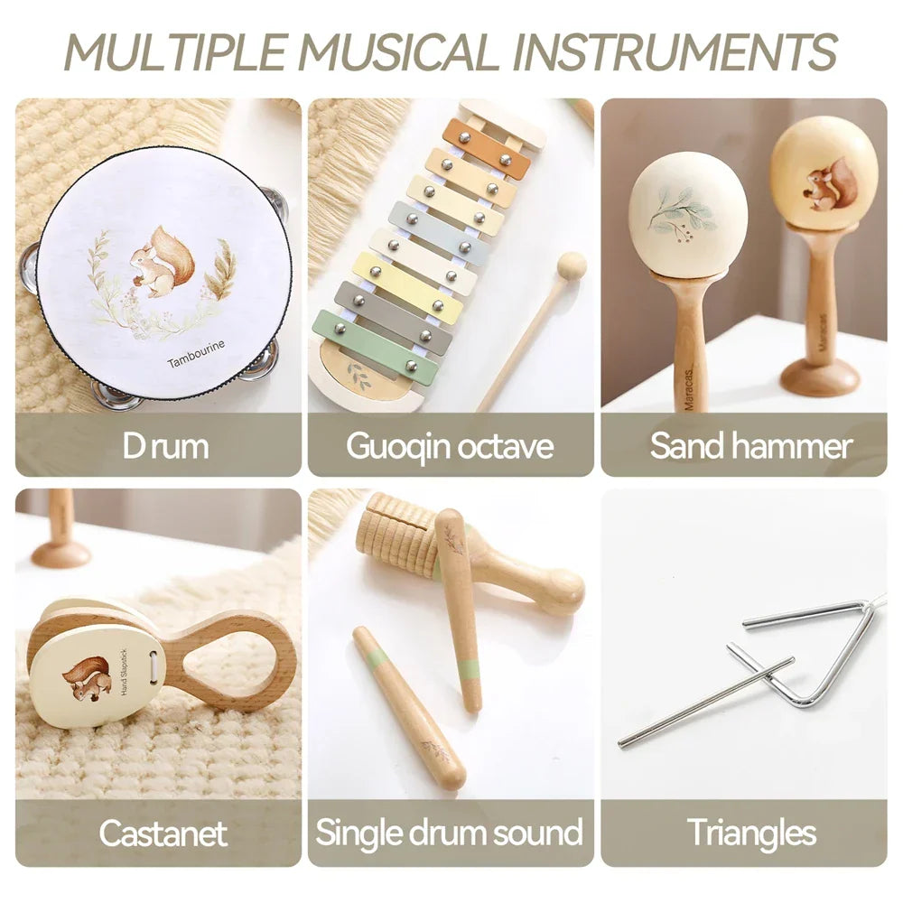 Wooden castanet with smooth light finish and small squirrel illustration for montessori music baby educational wooden instruments