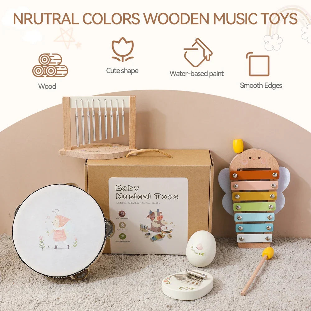 A colorful wooden toys drum xylophone with soft pastel keys and a cute bee design for early educational wooden use