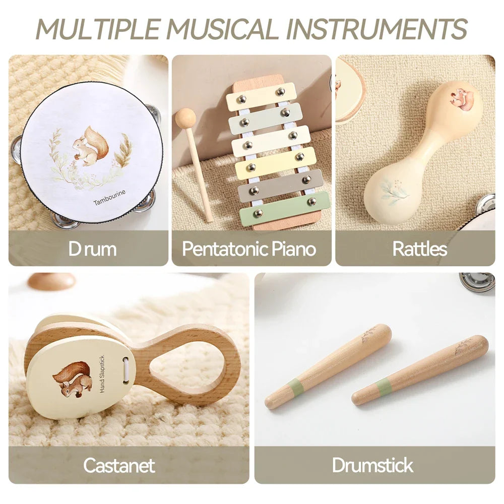 Wooden hand castanet with squirrel illustration on oval face and natural wood handle for montessori music baby toys drum xylophone