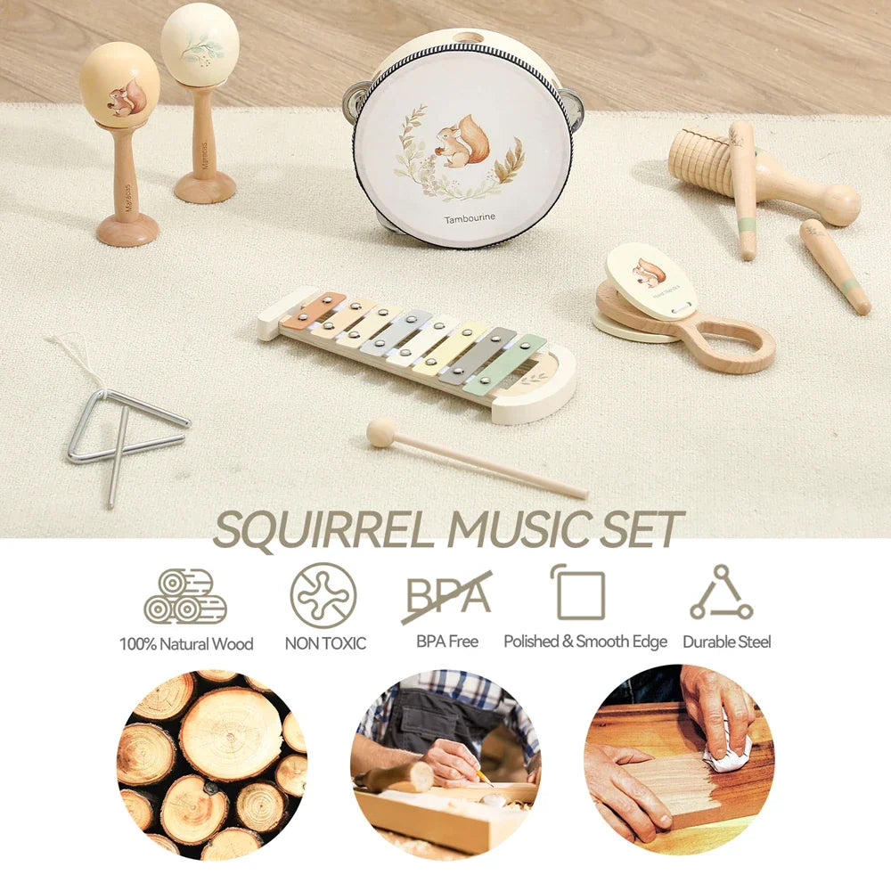 Wooden xylophone with pastel-colored keys and a squirrel design, educational wooden instruments for montessori music baby toys drum xylophone