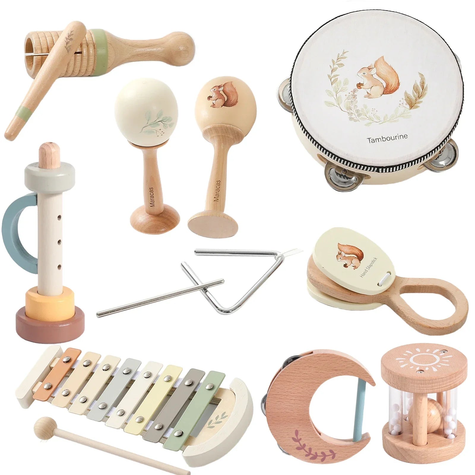 Wooden tambourine with squirrel illustration and tambourine text for montessori music baby educational wooden instruments toys drum xylophone