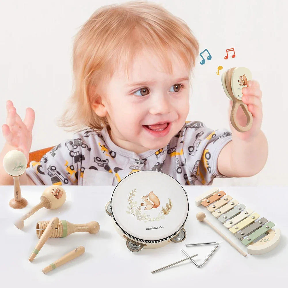 Wooden tambourine with squirrel illustration and printed label suitable for montessori music baby educational wooden instruments toys drum xylophone