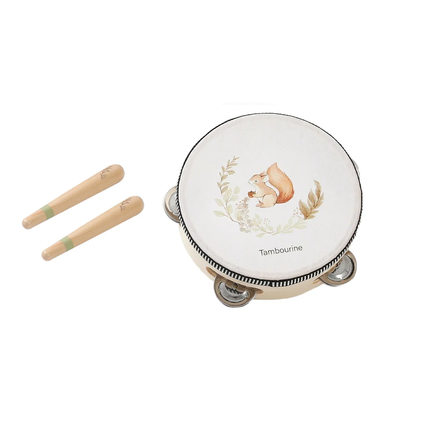 White tambourine with silver jingles and squirrel illustration for montessori music baby educational wooden instruments