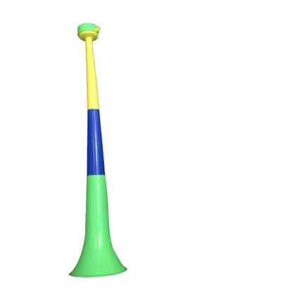 A vibrant plastic removable football stadium cheer fan horn in green yellow and blue for european cup fans