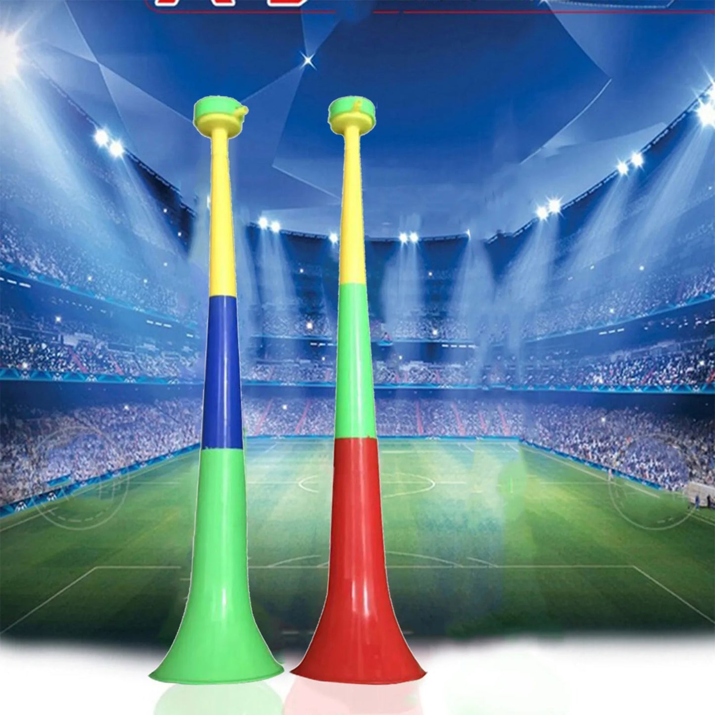 Two colorful plastic removable football stadium cheer fan horns in green blue and red green for european cup use