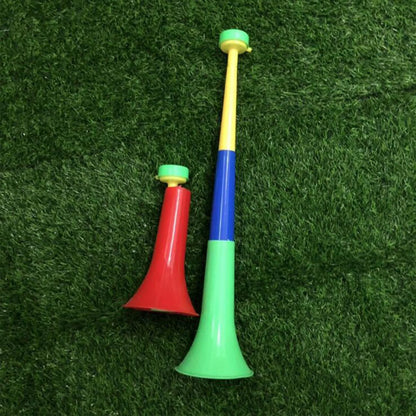 Two colorful plastic cheer fan horns in red and yellow-blue-green gradient for removable football stadium use