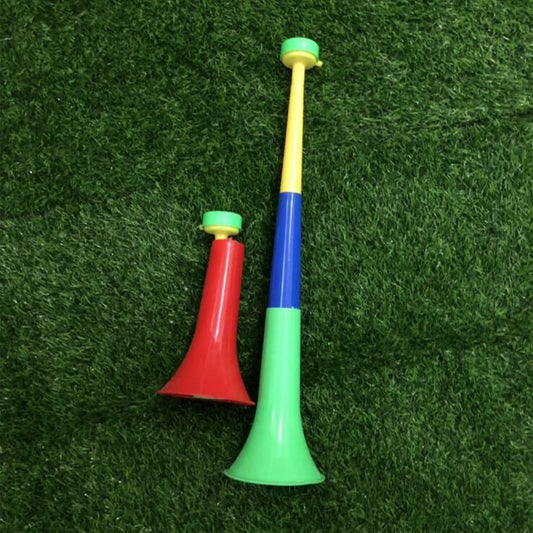 Two colorful plastic cheer fan horns in red and yellow-blue-green gradient for removable football stadium use