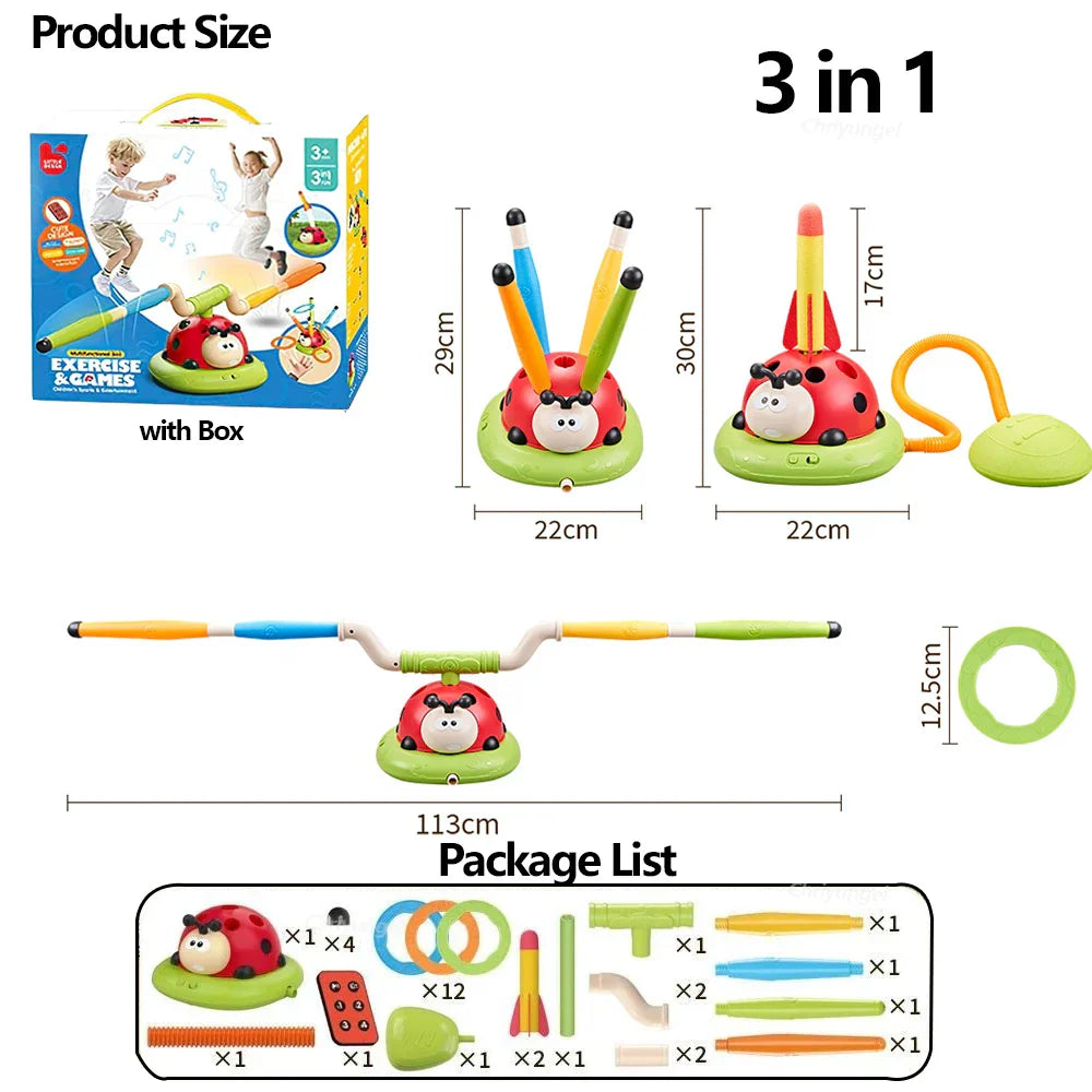 Red and green ladybug-themed musical jump sports 3-in-1 rocket launcher and ring toss game with colorful plastic parts