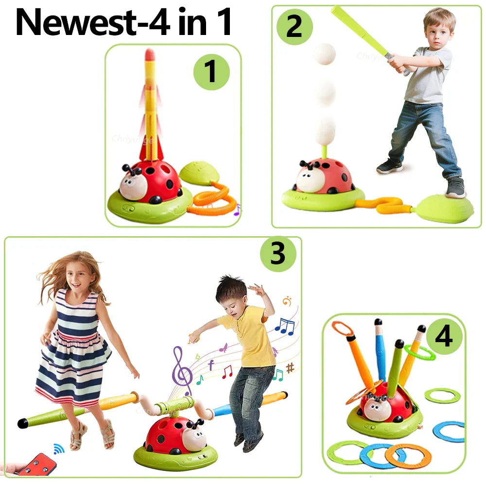 Red and green ladybug-themed musical jump sports toy with rocket launcher and ring toss game for indoor outdoor play