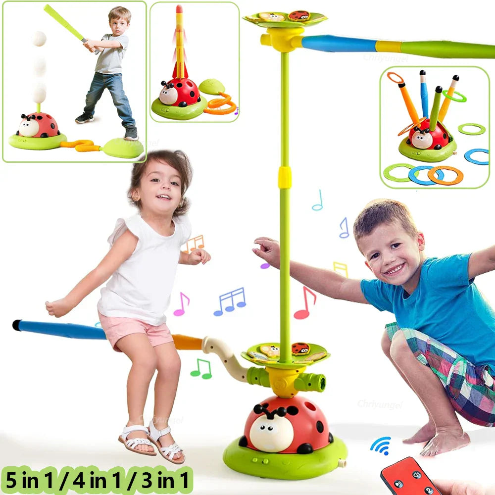 Brightly colored ladybug 5-in-1 kids musical jump sports toy with rocket launcher ring toss game and remote control