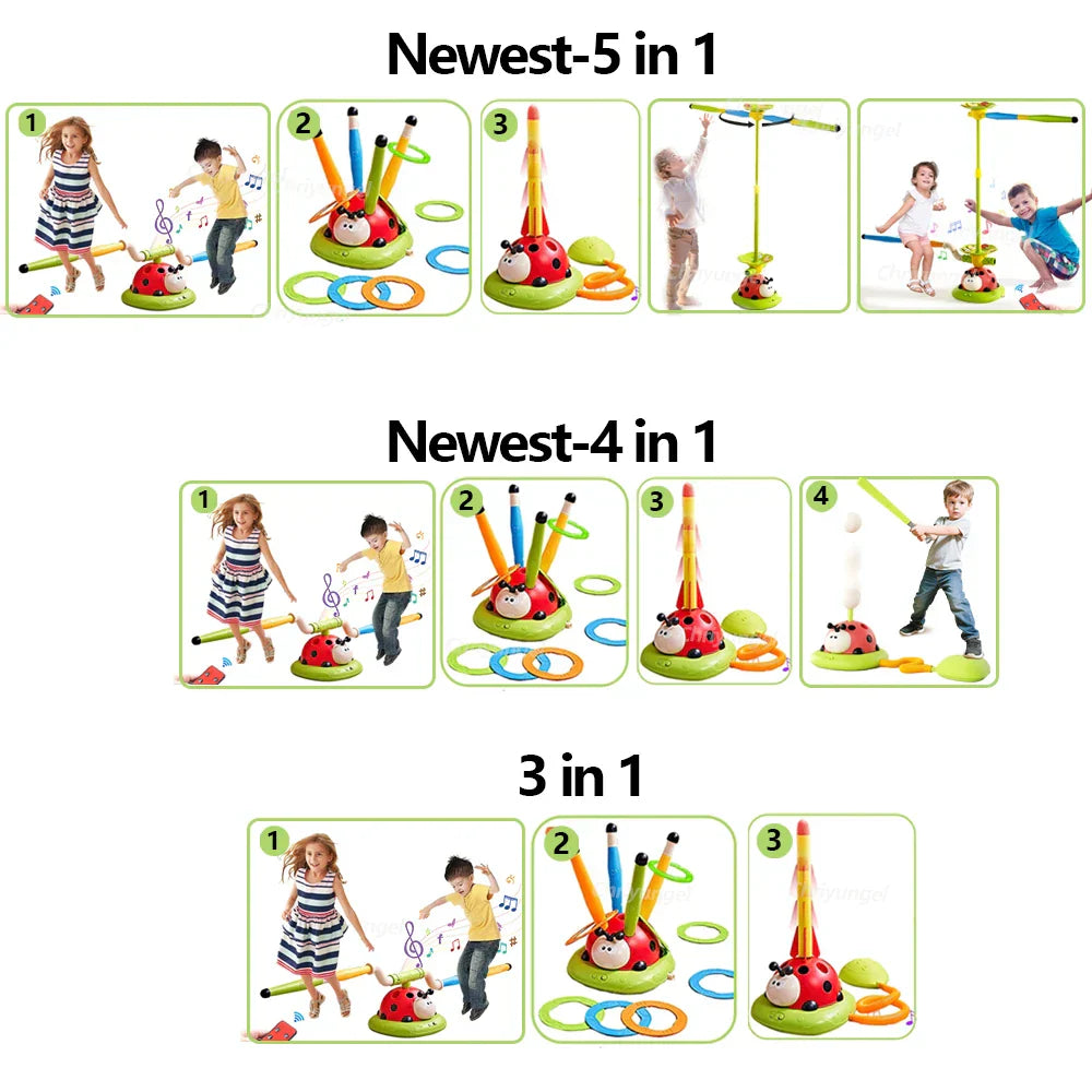 Musical jump sports toy rocket launcher with red and green ladybug design colorful rings pencils and spinning top attachment