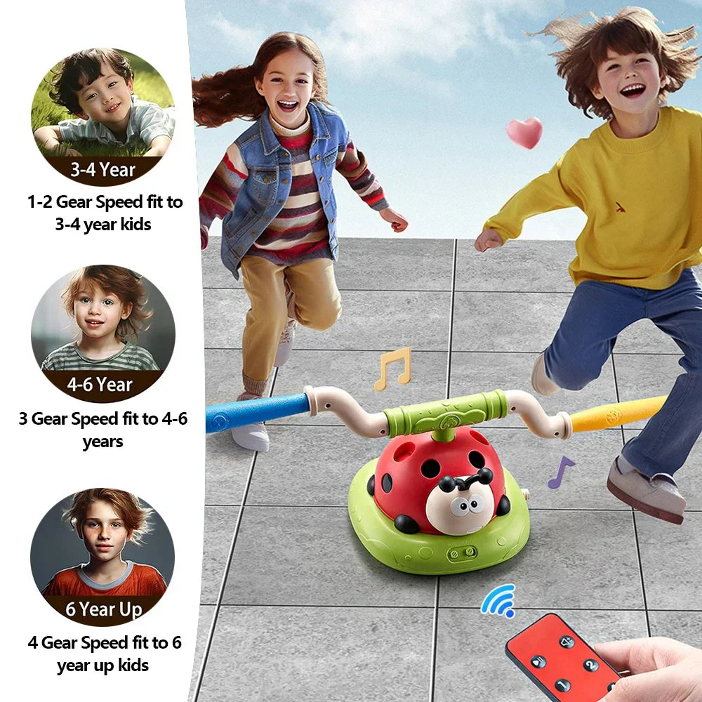 Red and green ladybug musical jump sports toy with handle and sound effects for rocket launcher ring toss game