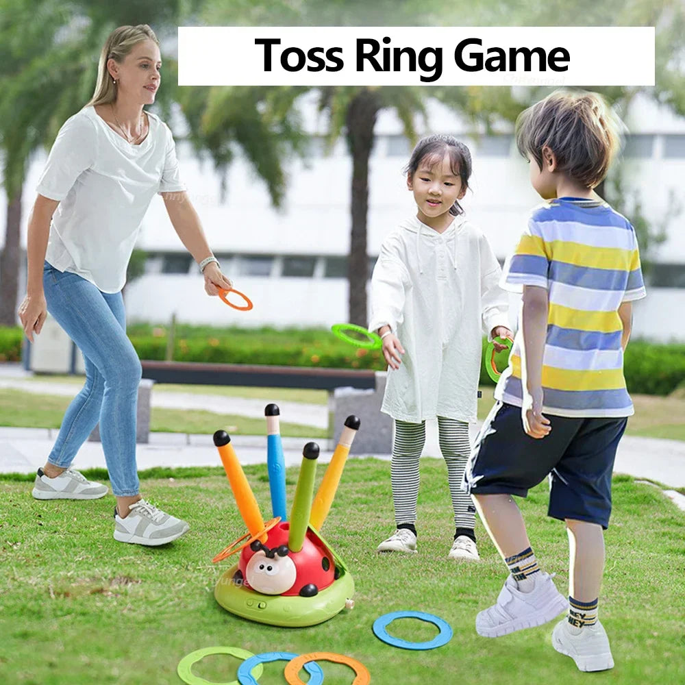 Red and green ladybug ring toss game base with colorful rings for musical jump sports rocket launcher toy