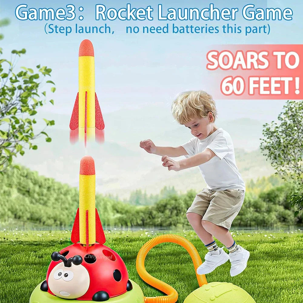 Yellow and red foam rocket launcher with a ladybug-shaped base for musical jump sports ring toss game with remote control
