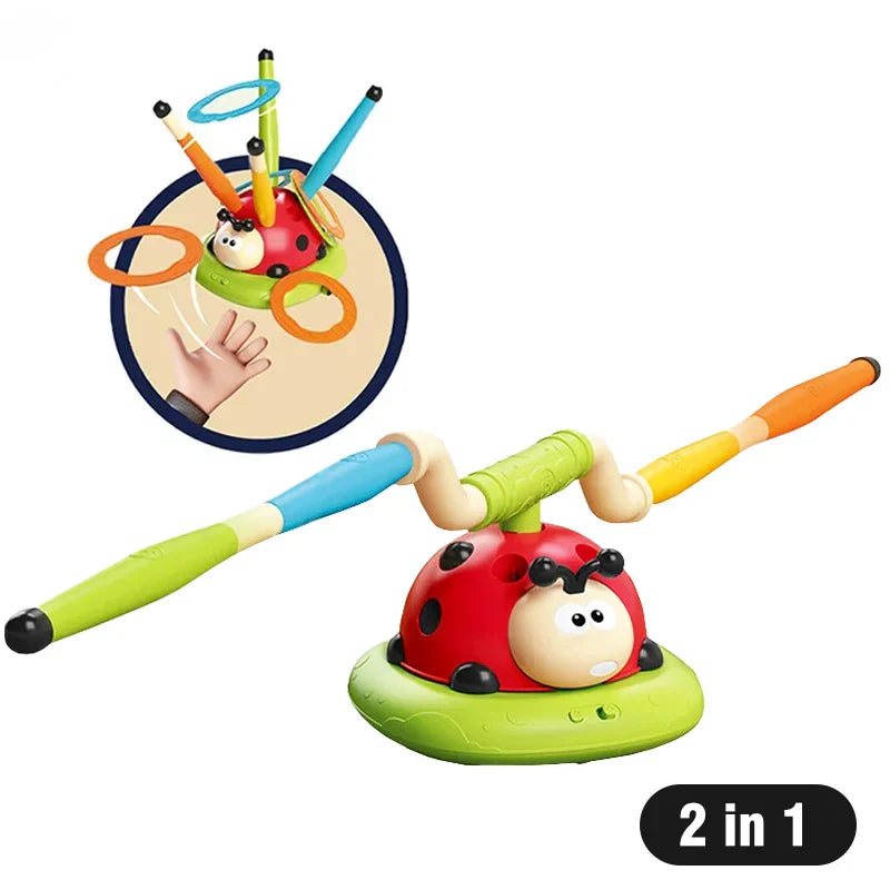 Red and green ladybug-shaped musical jump toss bath toy with colorful rings for three-in-one rope skipping sports entertainment