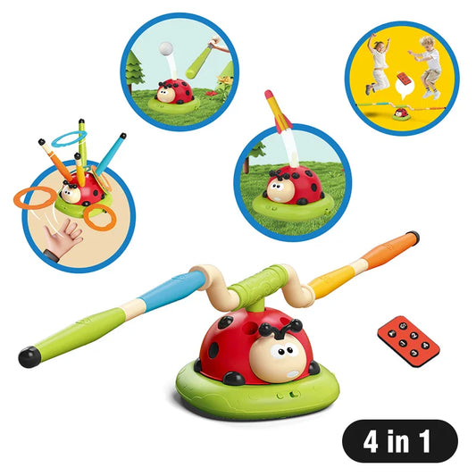 Red and green ladybug-shaped musical jump toss toy with detachable handle for three-in-one rope skipping sports entertainment
