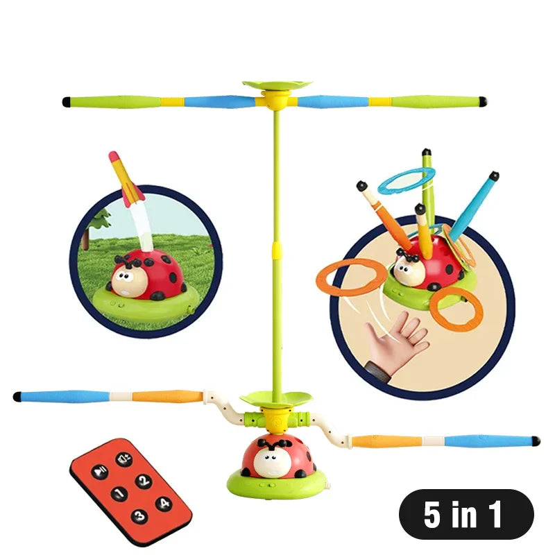 Brightly colored musical jump toss toy helicopter with ladybug design and green blue yellow accents for sports entertainment ladybug three-in-one rope skipping