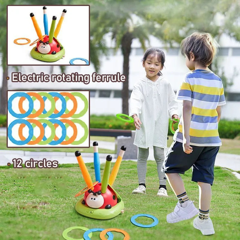 Red and green ladybug-shaped musical jump toss toy with colorful plastic rings for sports entertainment three-in-one rope skipping