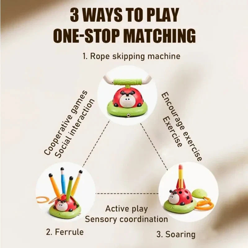 Red ladybug three-in-one rope skipping toy with green base and white antennae for musical jump toss sports entertainment