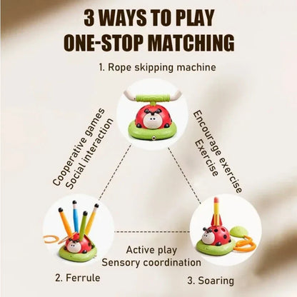 Red ladybug three-in-one rope skipping toy with green base and white antennae for musical jump toss sports entertainment