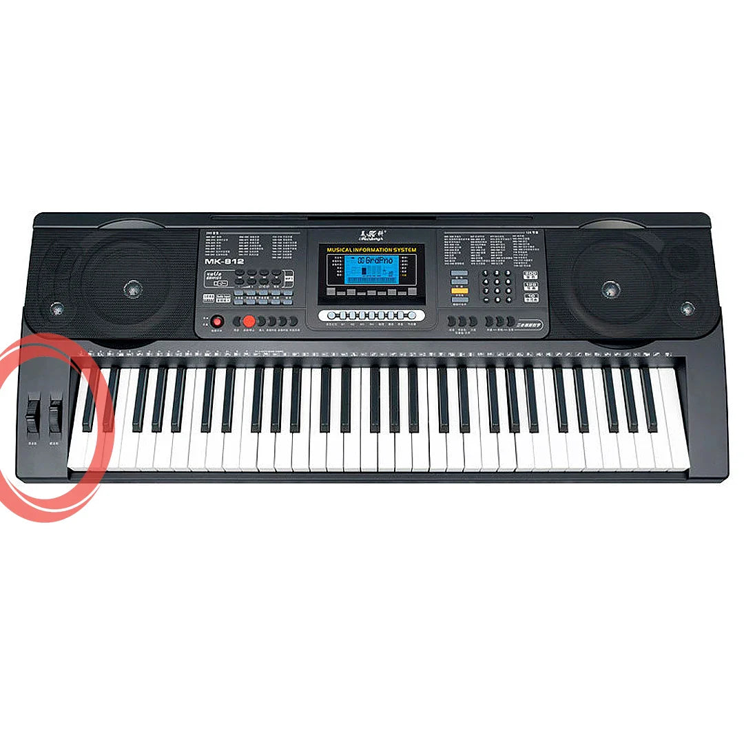 Black musical keyboard professional midi controller with 61 keys, built-in speakers, and digital display panel for piano music synthesizer