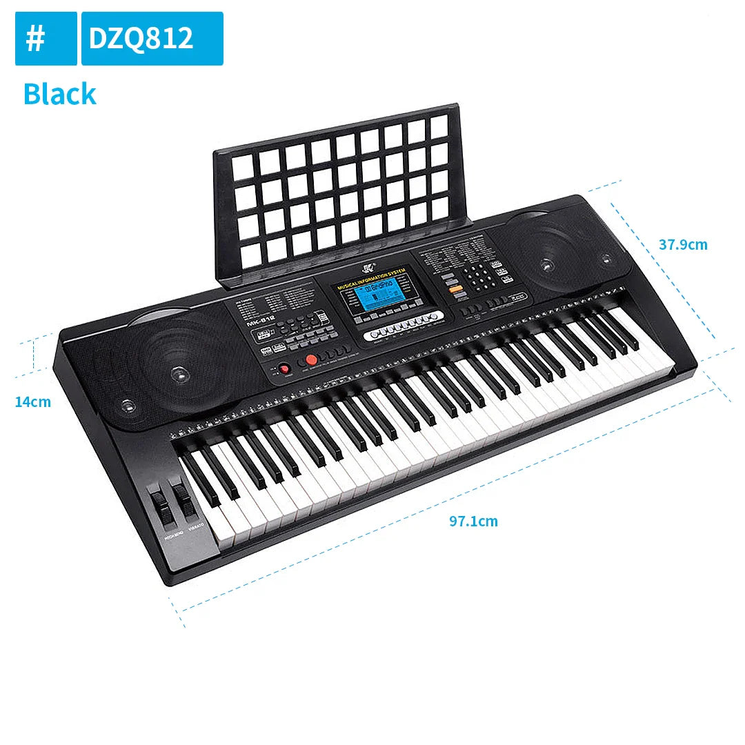 Black musical keyboard professional with 61 keys, built-in speakers, and digital display for piano music synthesizer use