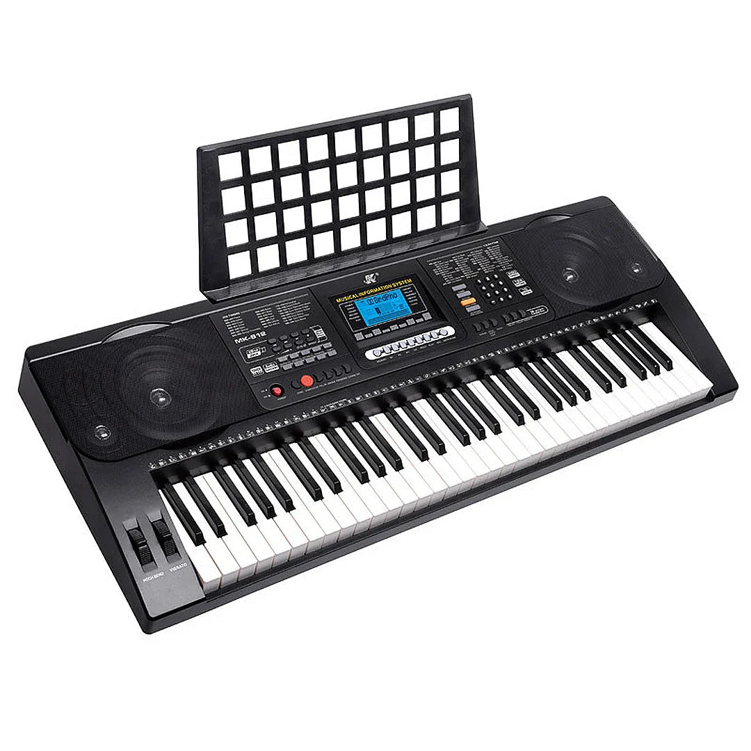 Black musical keyboard professional midi controller with 61 keys, digital display, built-in speakers, and adjustable stand