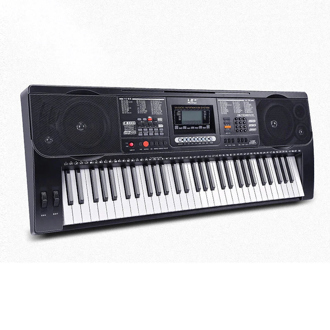 Black musical keyboard professional midi controller with 61 keys, built-in speakers, and piano music synthesizer features