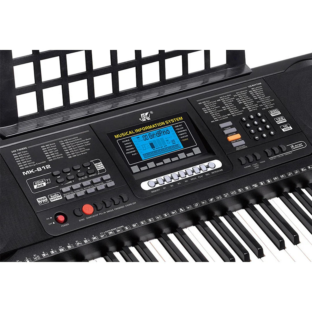 Black musical keyboard professional midi controller with 61 keys and digital display for piano music synthesizer use