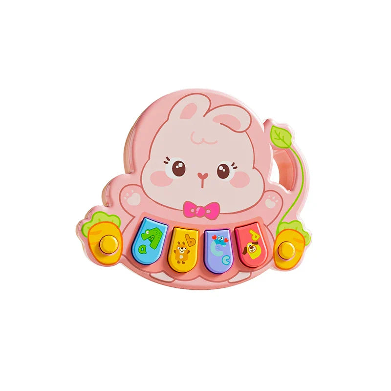 Pink bunny-shaped kids electronic piano toy with colorful keys featuring letters and animal illustrations for learning music baby fun