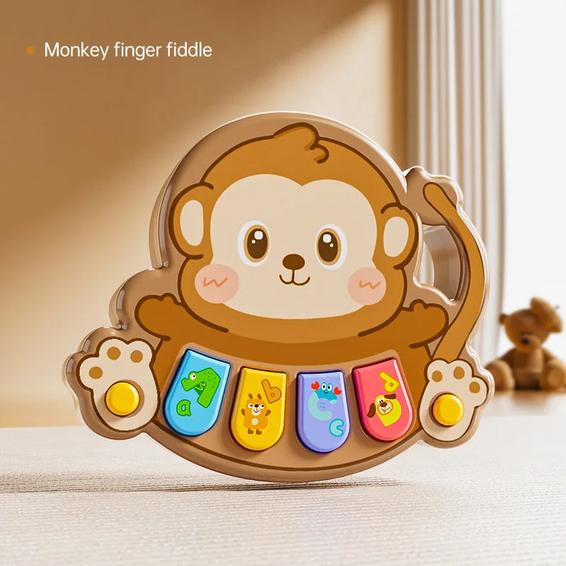 Cute brown monkey-shaped kids electronic piano toy with colorful letter-themed keys for multifunctional learning