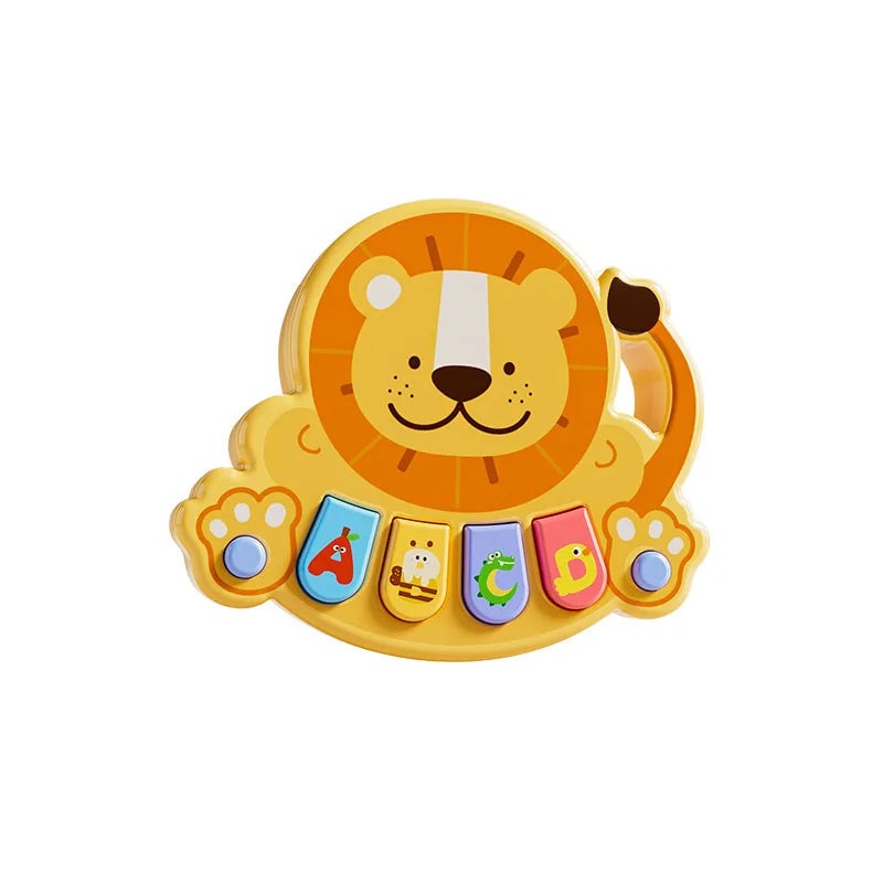 Bright orange lion-shaped wooden kids electronic piano toy with colorful letter keys and paw print accents for learning