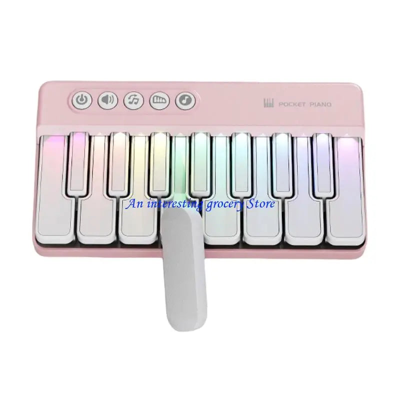 Pink portable musical learning toy piano with iridescent keys and white cover made of abs texture for building basic music skills