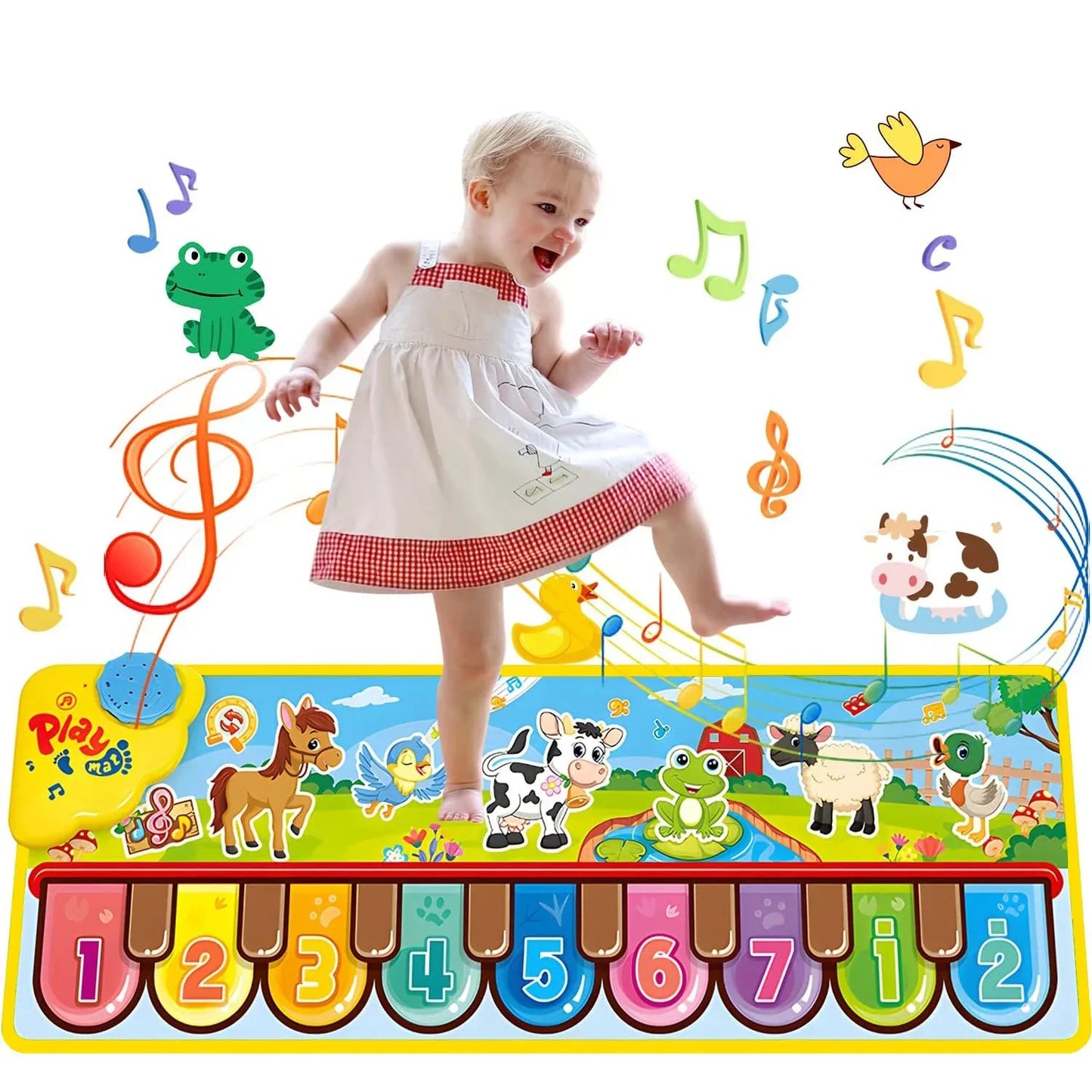 A colorful cartoon-themed musical play mat with a floor piano keyboard and carpet animal blanket design