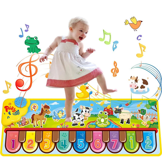 A colorful cartoon-themed musical play mat with a floor piano keyboard and carpet animal blanket design
