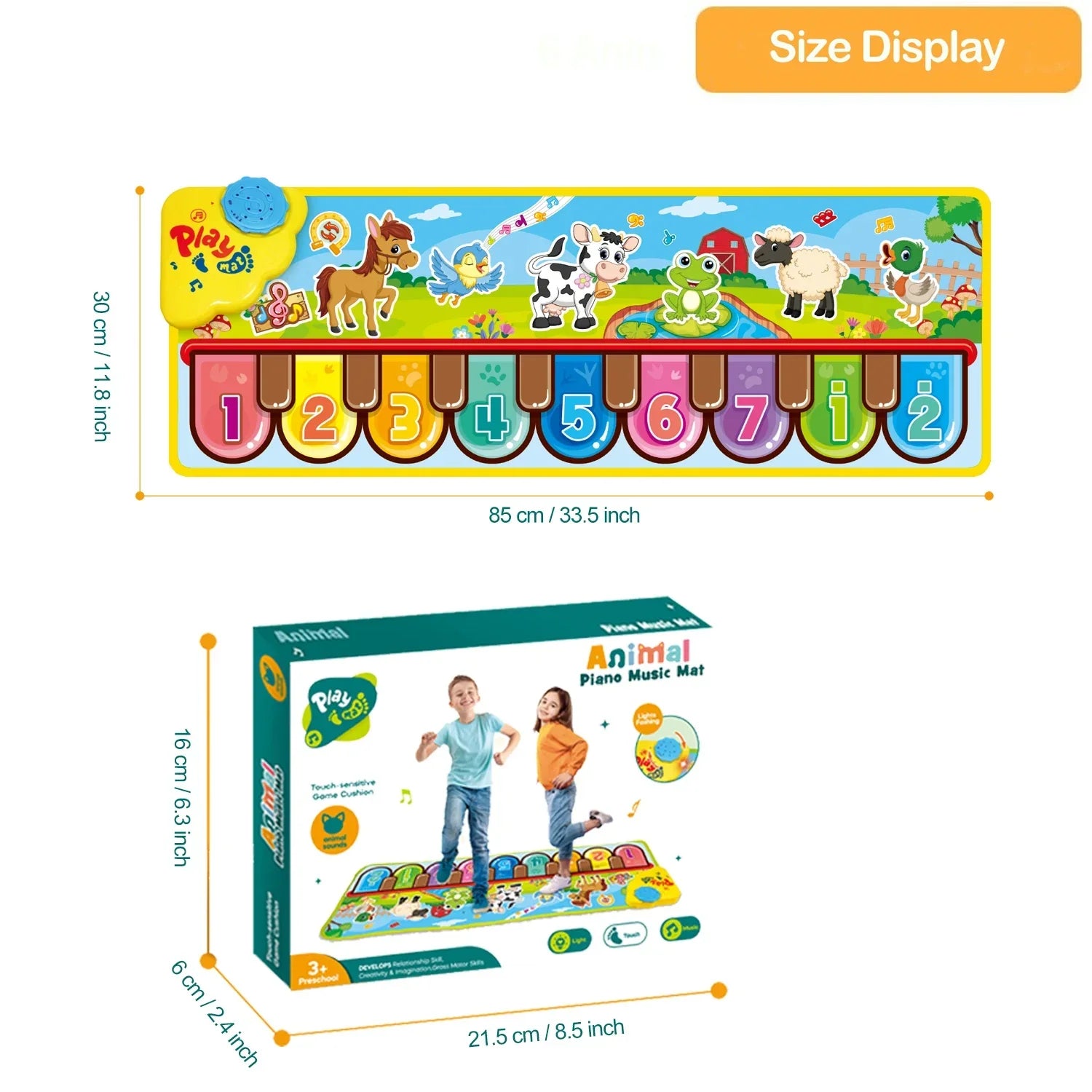 Colorful animal-themed piano keyboard mat with touch-sensitive keys and playful farm scene carpet animal blanket design