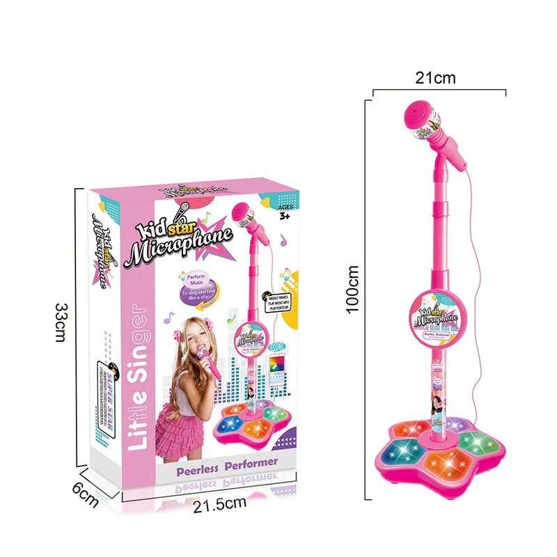 Pink plastic musical microphone speaker with colorful illuminated star base and handheld mic for educational toy birthday gift