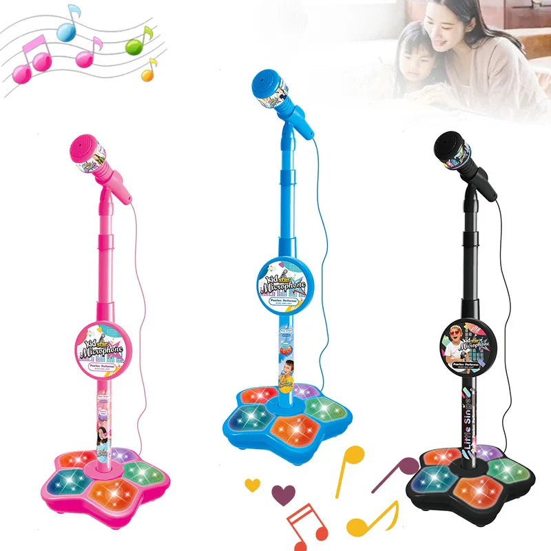Musical microphone speaker children’s karaoke microphones in pink blue and black with colorful illuminated pedal bases educational toy birthday gift