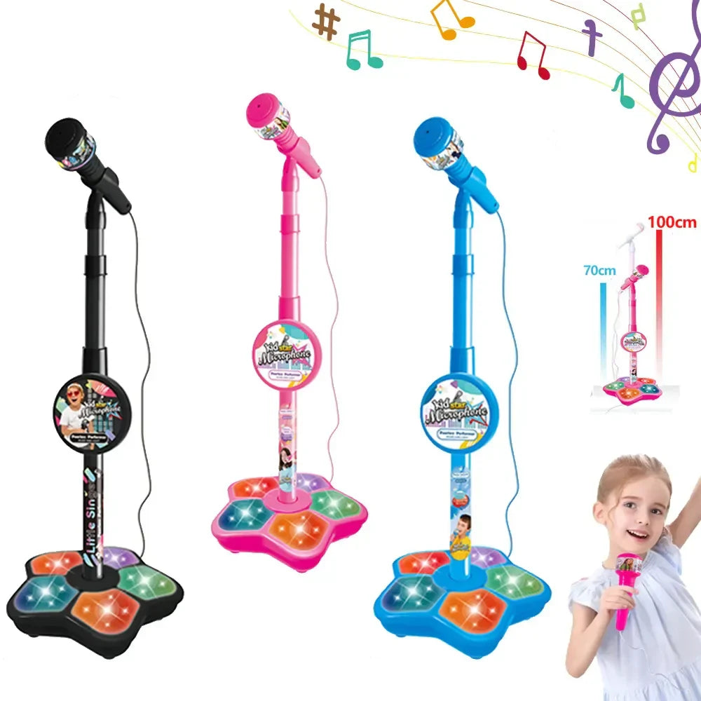 Three colorful musical microphone speaker stands with illuminated star bases and adjustable poles educational toy birthday gift