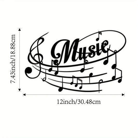 Black music metal logos wall sign featuring elegant cursive music word with treble clefs and flowing notes decor