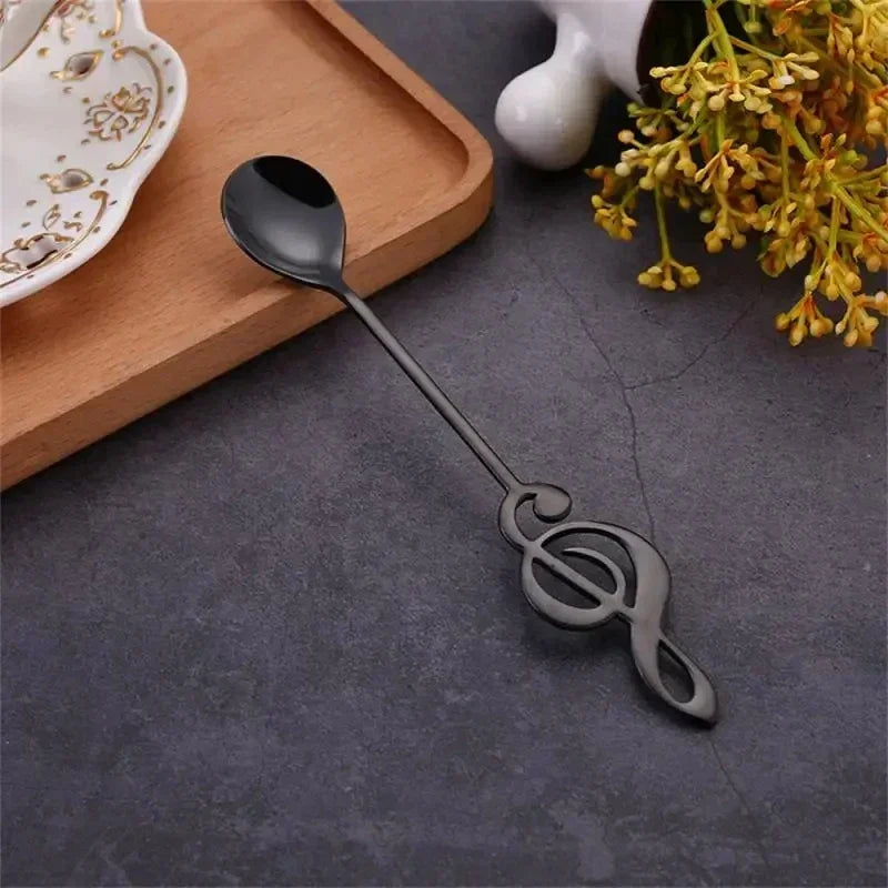 Black metal stainless steel teaspoon with musical note treble clef design ideal for mug teaspoons music and ice cream creative use