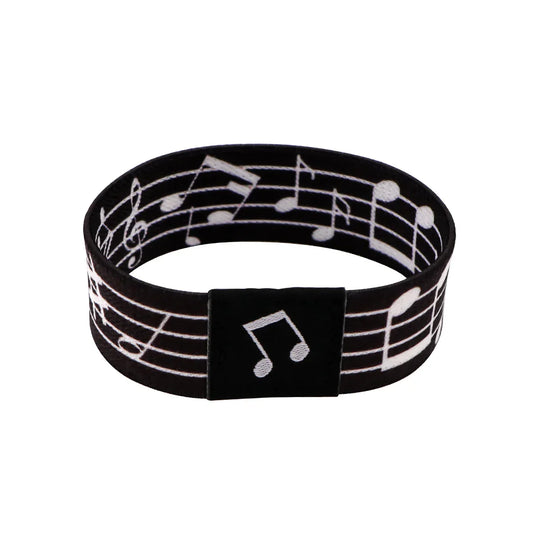 Black rubber musical notes bracelet with white staff lines and a black clasp for men armband sport or rainbow elastic bangle use