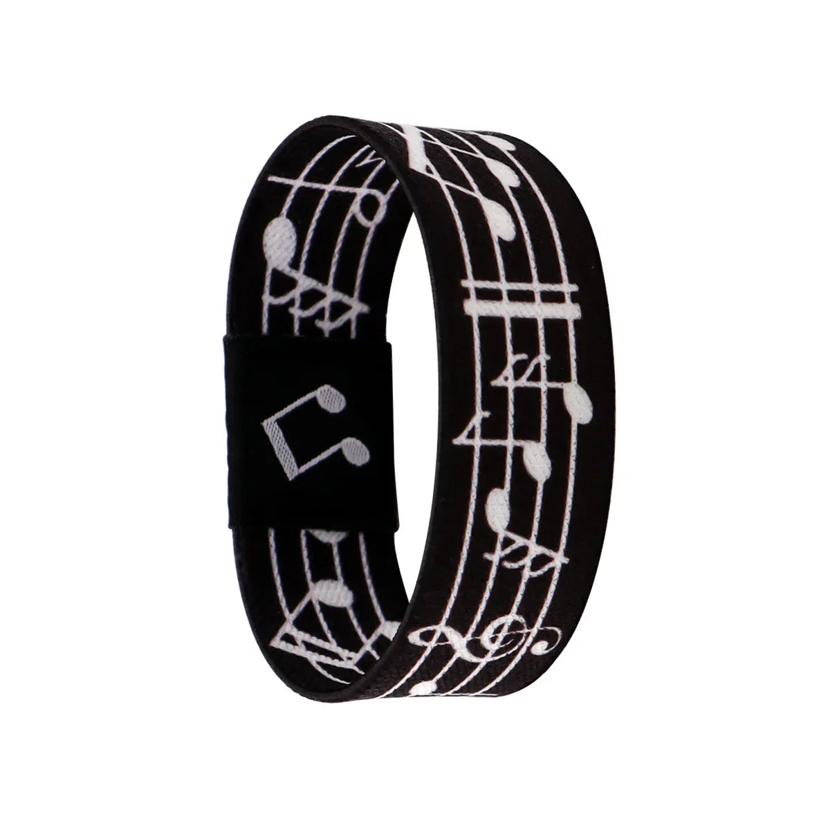 Black elastic musical notes bracelet featuring white note and staff pattern for men armband sport and rainbow elastic bangle use