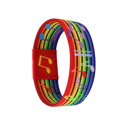 Rainbow elastic bangle musical notes bracelet with colorful prints and red velcro closure men armband sport accessory