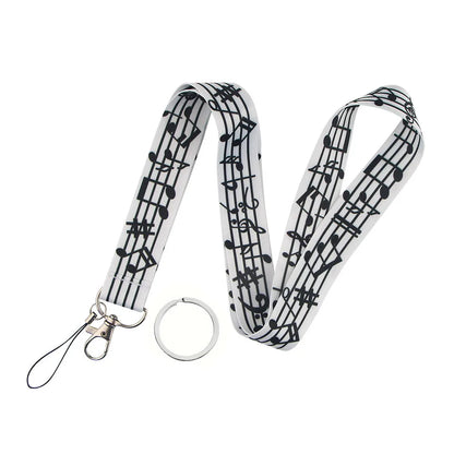 White musical notes lanyards with silver metal clasp and key ring for strap id card and rope cell phone use