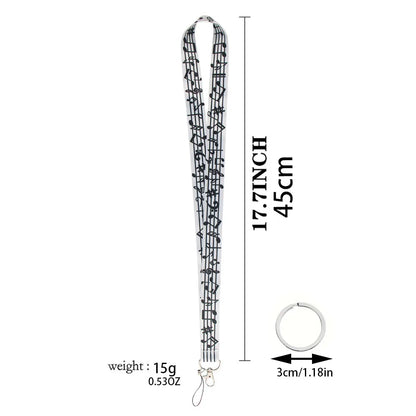 White musical notes lanyard strap id card holder with silver clasp rope cell phone key ring accessory