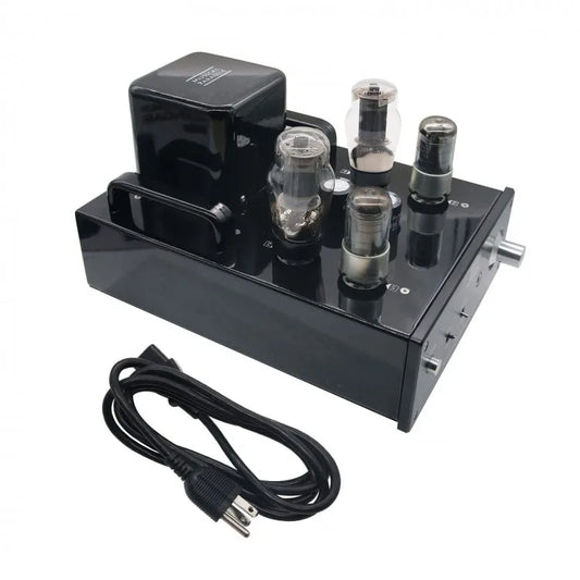 Black glossy musical paradise mp-301 mk3 deluxe mini tube amplifier with four glass vacuum tubes and power cord