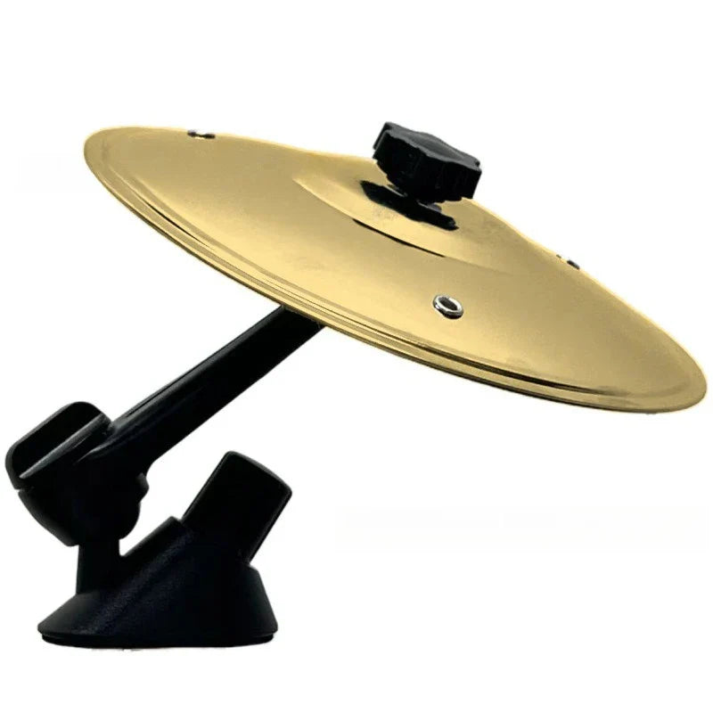 Gold-colored crash cymbal alloy musical saucer car mounted on black suction cup air vent drum stand with plastic handle